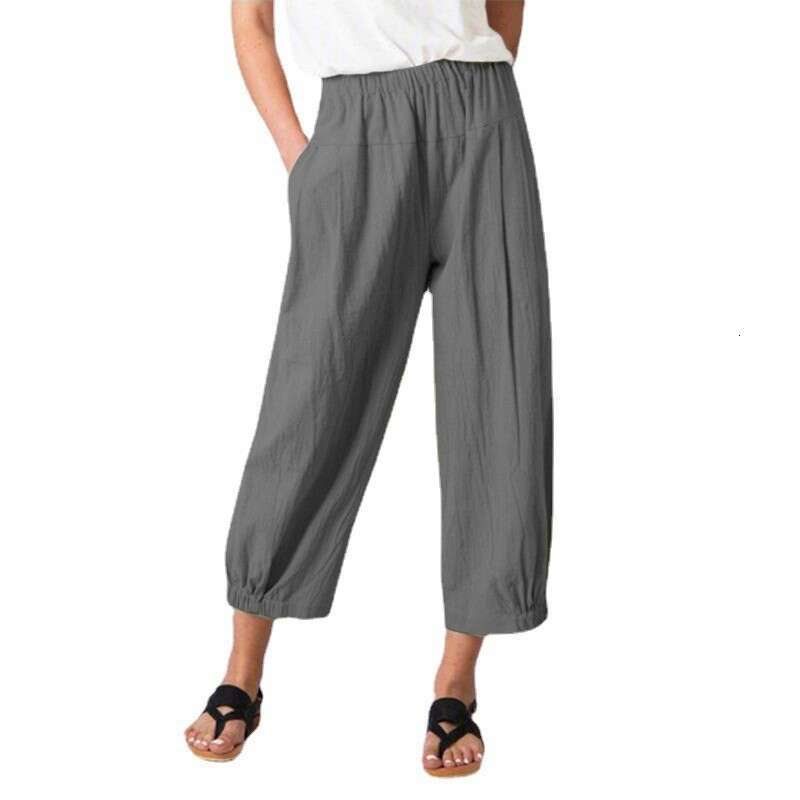 Summer loose cotton and linen pleated casual edition high waistband pocket Haren cropped pants for women