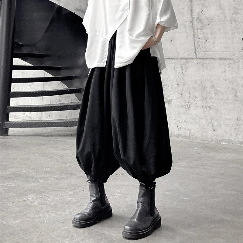 Mens casual pants high street elastic waist harem mens black plus size 6XL wide leg Blumer Trouser Streetwear 240905