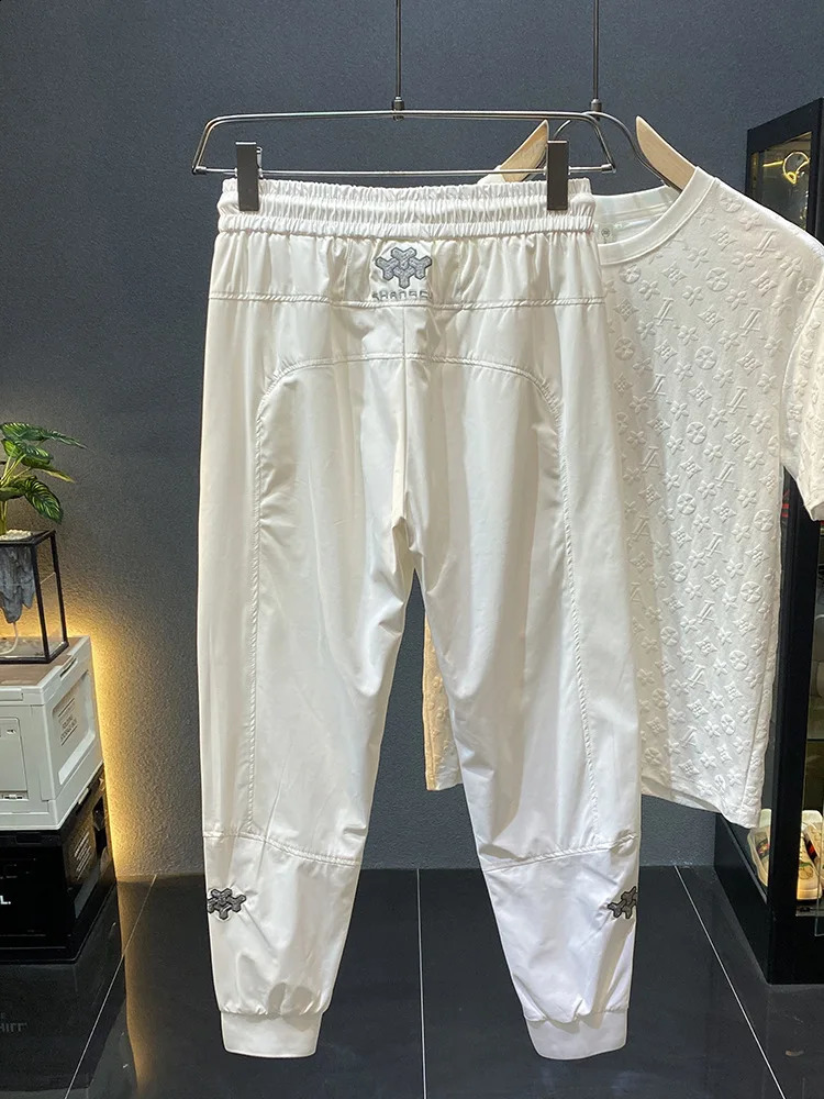 Summer thin soft breathable casual pants mens white ankle strap fashion slim fit sports cut quick drying 240905