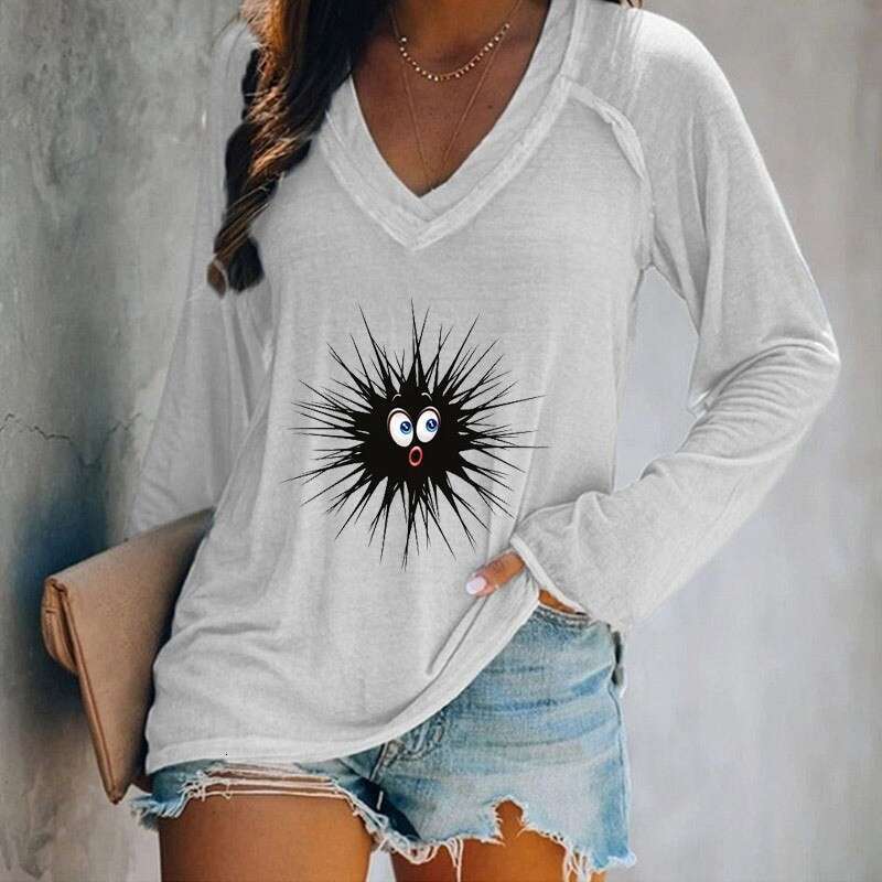 Womens printed abstract painting V-neck 3D womens long sleeved casual T-shirt top