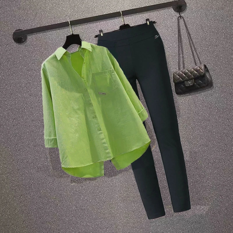 Womens Casual Sets Oversized Cotton Shirts Solid Long Sleeve Streetwear Top Blouse Sweet Loose Elastic Waist Pencil Pants Suit 240906
