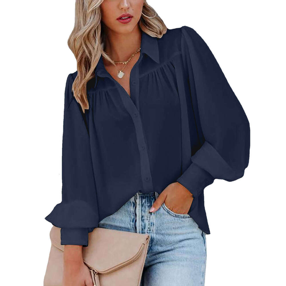 2024 buckle up top, lantern sleeve pleated solid standing collar, loose fitting shirt, long sleeved women's clothing