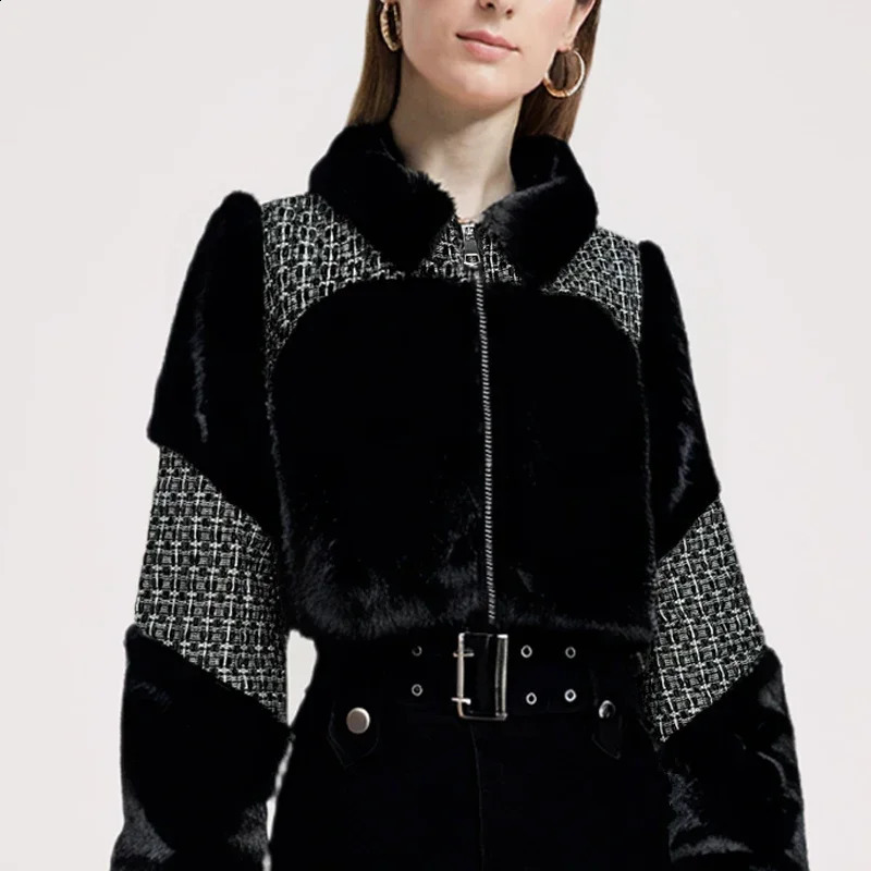 Women Autumn Winter Causal Spliced Cotton Lining Jacket Tweed and Faux Fur Quilted Coats Patchwork 240904