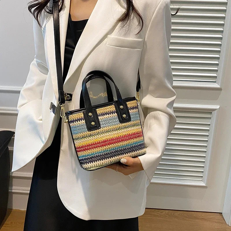 Handwork Straw Bag Summer Women Bucket Bag Purse Fashion er Straw Woven Handbag Beach Travel Ladies Shoulder Crossbody Bag 240902