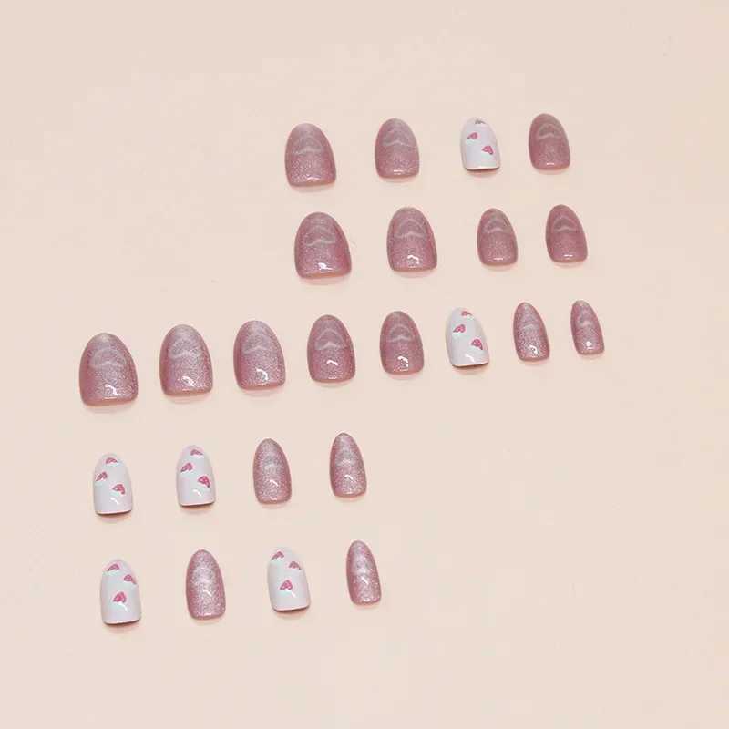 24 almond shaped pressed nails with cute strawberry heart design medium length pearl finish mixed shadows fake nails W240905