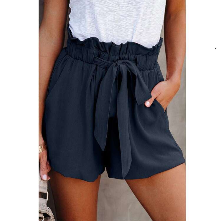 Elastic lace up solid color casual for women, loose high waisted minimalist shorts, wide leg pants