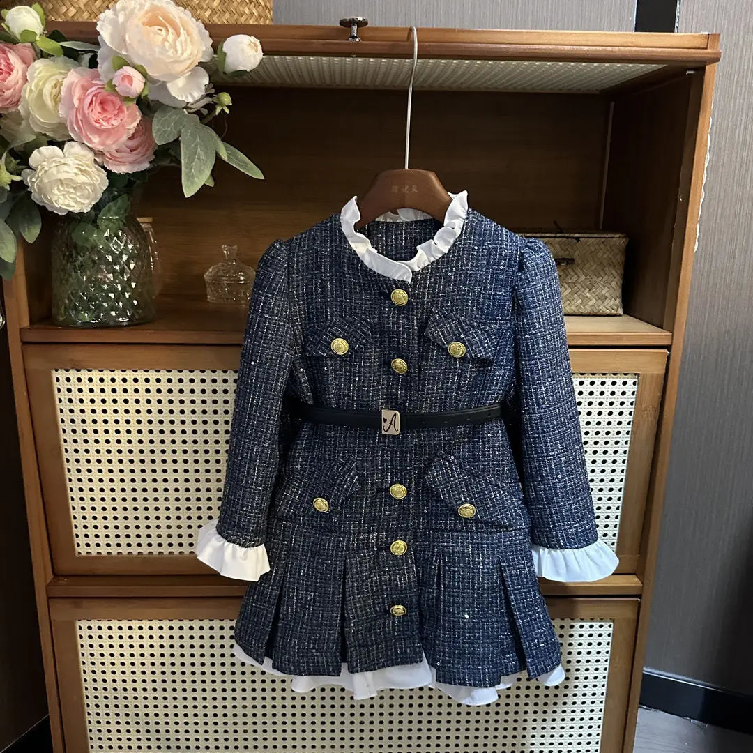 Autumn Winter 2-9 French Lotus leaf lace baby girls clothes dress belt set Feeling Pleated Outer princess dresses 240902