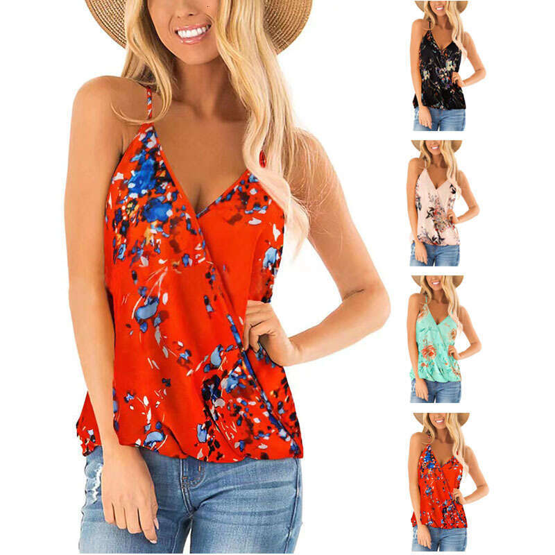 2024 Summer New Women's Small Vest V-neck Printed Folded Sleeveless Top for Women