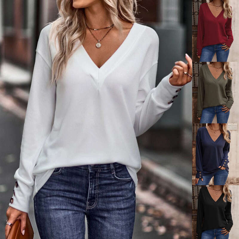 Womens Autumn/Winter New Solid Color V-neck Loose Long sleeved T-shirt Button Up