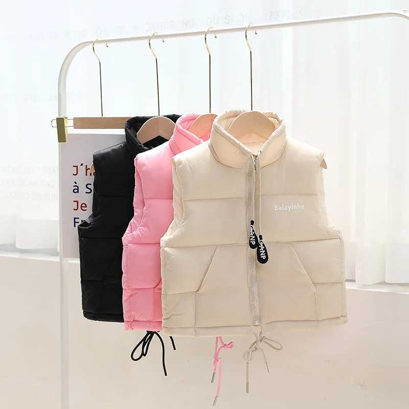 2023 Autumn Winter New Girls Boys Vest Solid Color Thicken Keep Warm Lapel Fashion Down Cotton Waistcoat For 3-14 Years Old Y240906