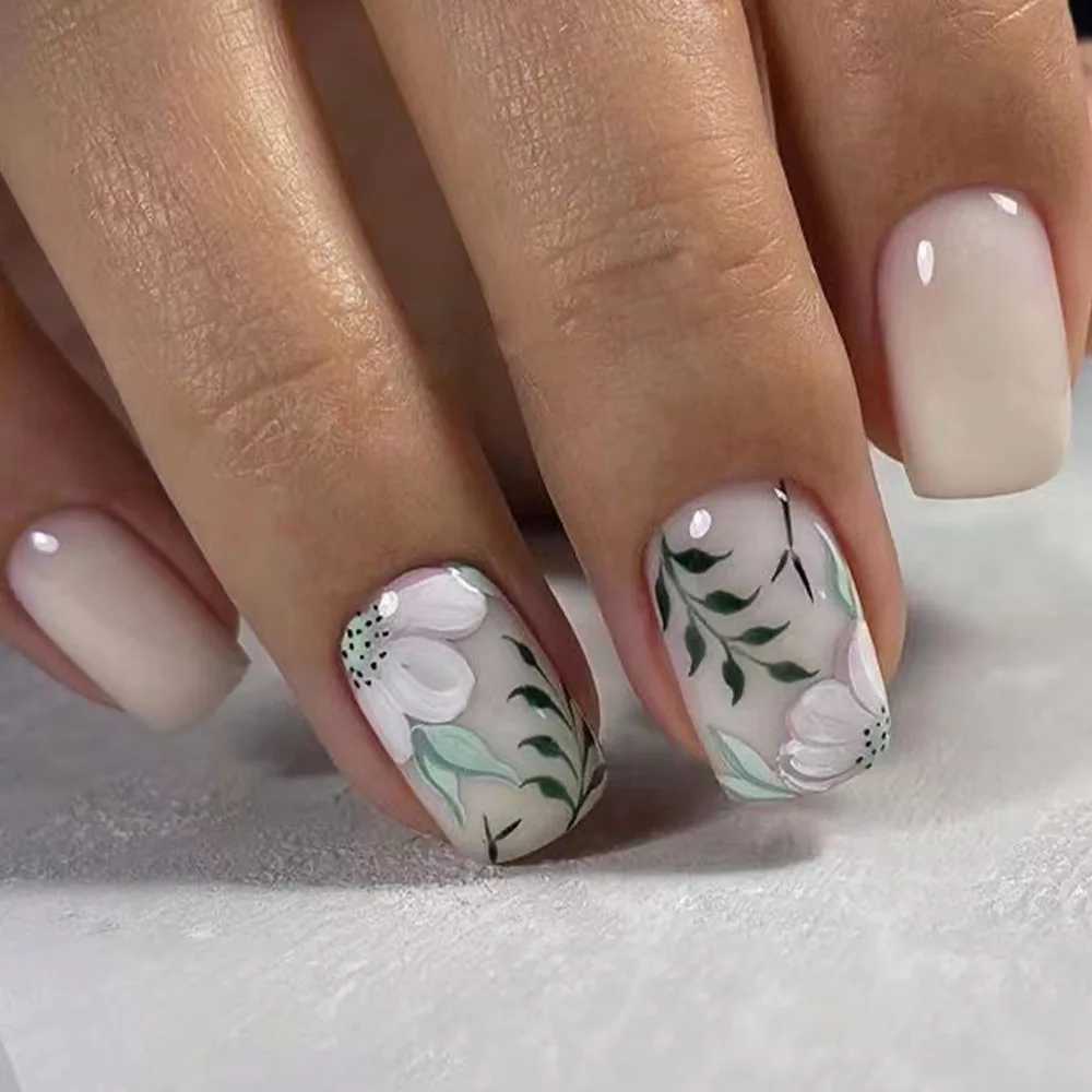 24 pieces of short square fake nails with floral design autumn and autumn patterns pressure machine on nails fully covered nail tips ballet fake nail 