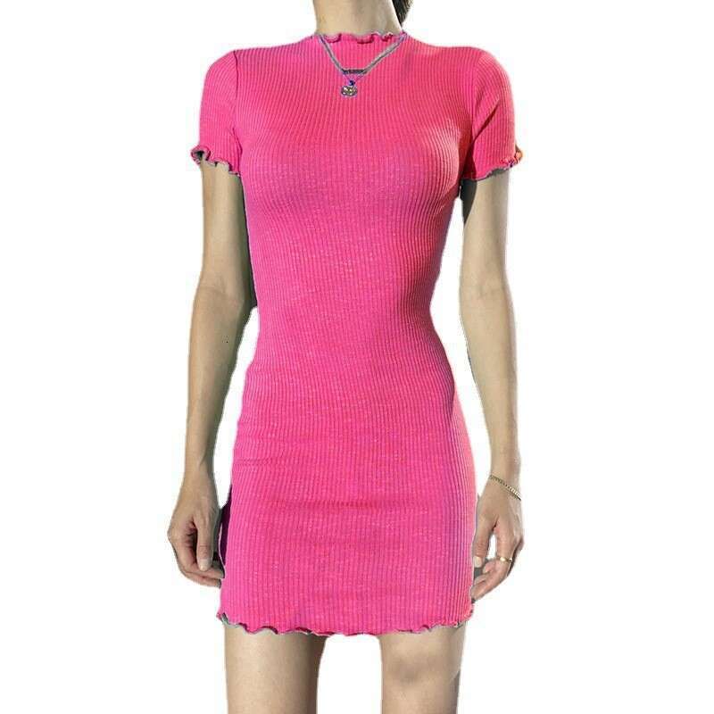 Black fungus edge ribbed sleeved dress, women's temperament, commuting round neck solid color short skirt