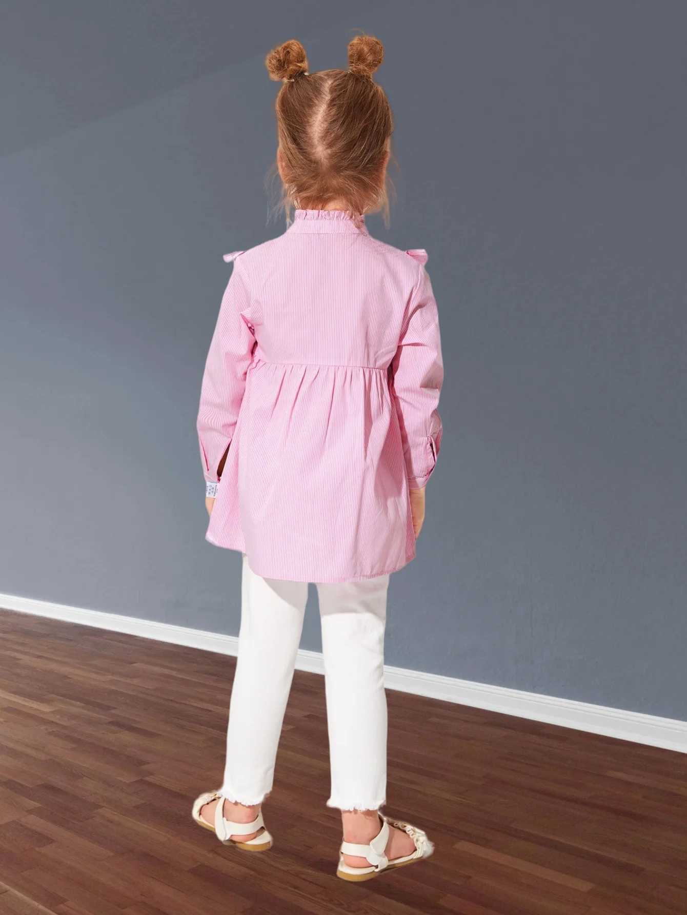Spring and autumn sweet and lovely girl lace stand collar striped body flower shirt doll shirt long sleeve pink shirt novel top Y240906