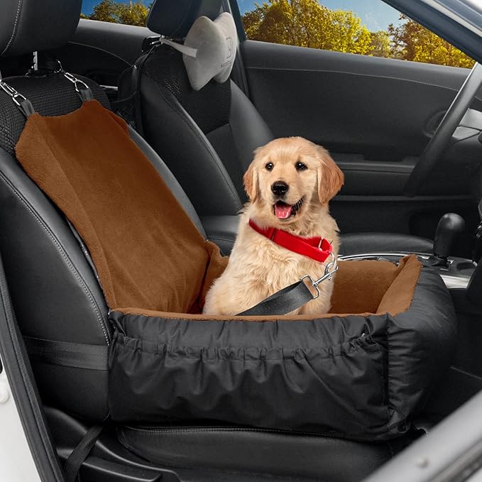 Dog Car Seat, Pet Car Seat with Storage Pockets and Clip-On Safety Leash, Washable Coral Fleece Booster Seat for Small Medium Dogs for Travel