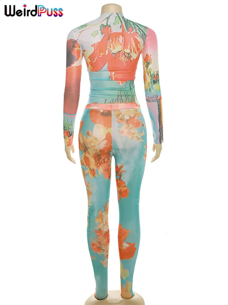 Weird Puss Mesh Flowers Print Two Piece Set Summer Thin Full Sleeve Top TopsFoot Leggings Matching Stretch Streetwear Outfits 240906