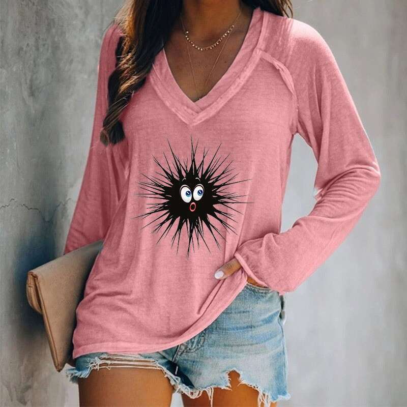 Womens printed abstract painting V-neck 3D womens long sleeved casual T-shirt top
