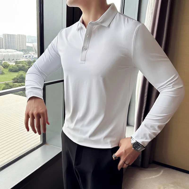 High Elasticity Men POLO Shirt 2023 Autumn Base Tops Ice Silk Fabric Solid Casual Long Sleeve POLO Shirt Casual Slim Fit T ShirtXJ240906