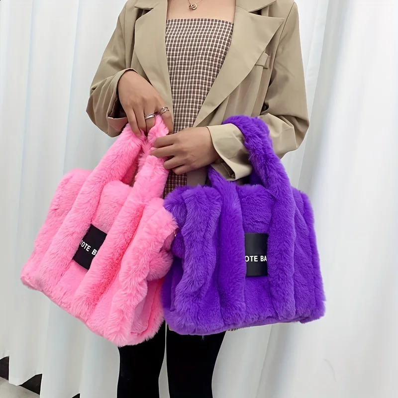 fashion soft plush small tote bag letters faux fur women handbags fluffy shoulder crossbody bags 241210