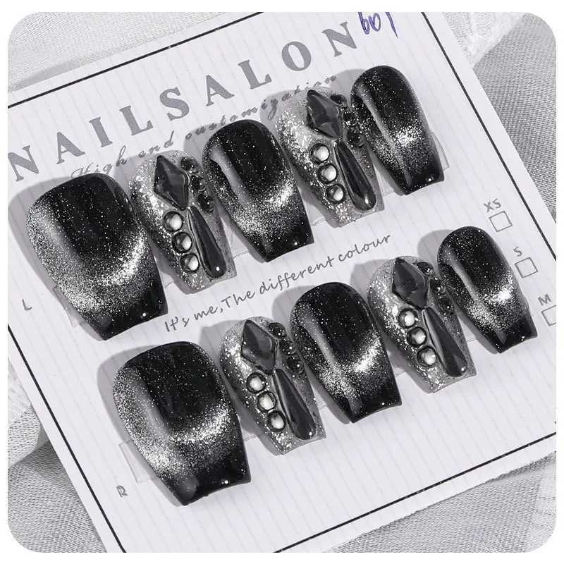 Full cat eyes fake nails short style hand woven nails displaying white and dark colors finished nail patches W240905