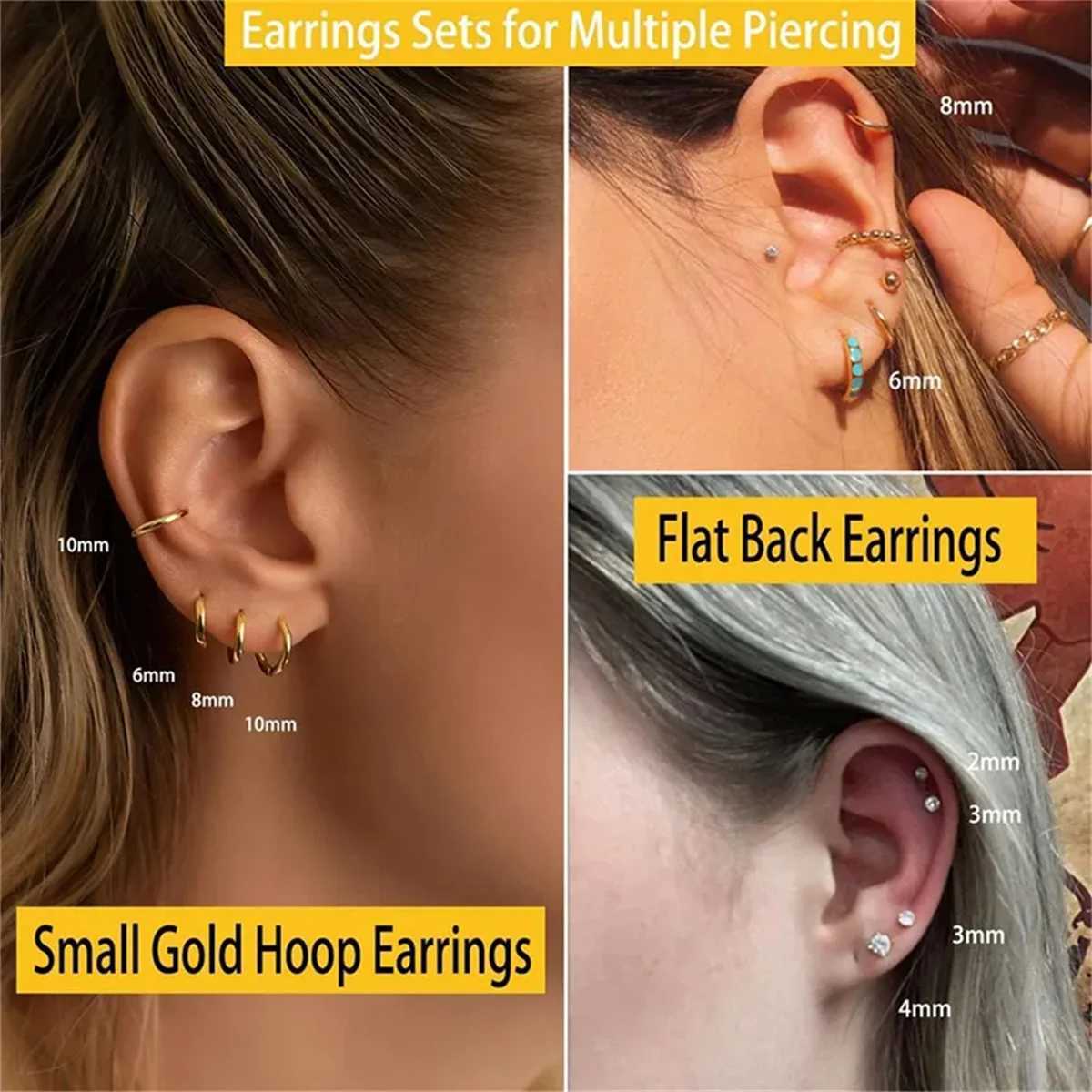 3/5/6/10 pieces of hypoallergenic stainless steel flat back stud box earrings cubic Zekonya Daith Tragus Rook screw back earrings W240803