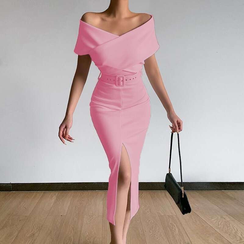 Spring summer elegant temperament commuting simple and light mature new style off shoulder belt slit skirt