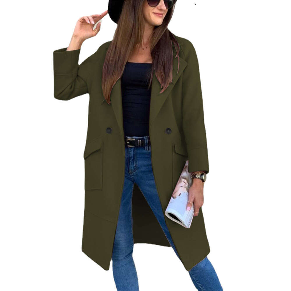 2024 new autumn and winter solid color long sleeved suit collar button pocket woolen coat