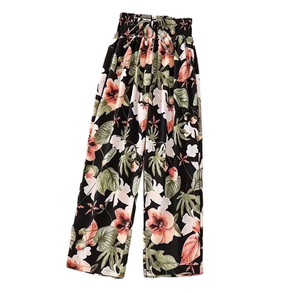 New casual pants spring and summer. Thin, high waisted, slimming effect. Ice silk elastic floral straight tube for women