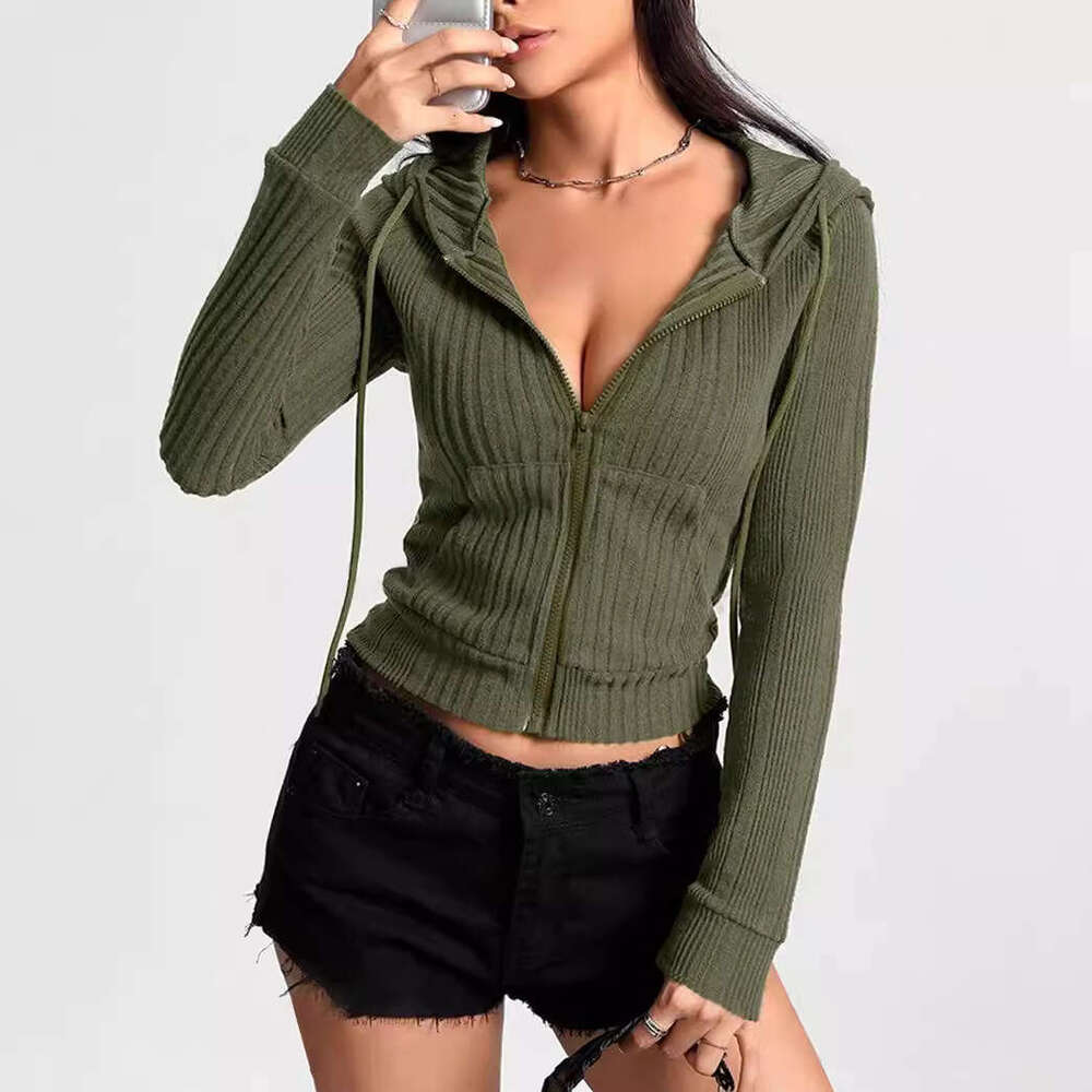New striped women's top casual loose zipper cardigan long sleeved hooded knitted sweater