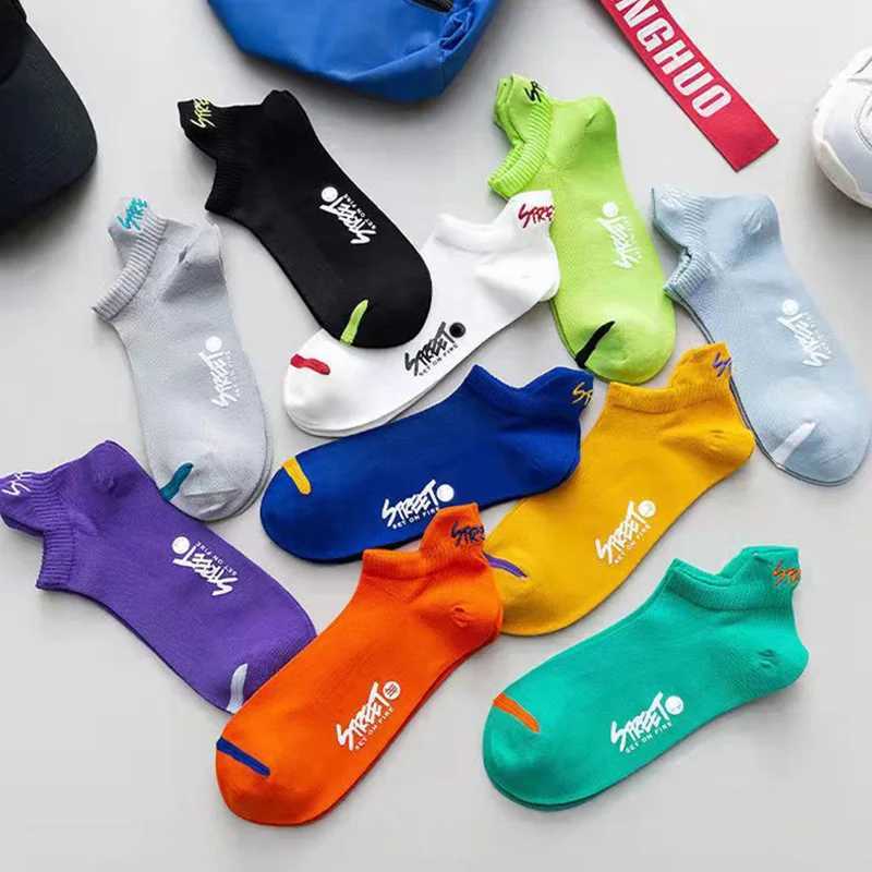 5 pairs of bright colored ankle plain socks for men breathable street fashion sports deodorant invisible travel running socks W240905