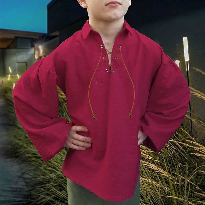 Boys Medieval Pirate Shirt Kids Renaissance Lace up Halloween Scottish Jacobite Ghillie Costume Tops Y240906