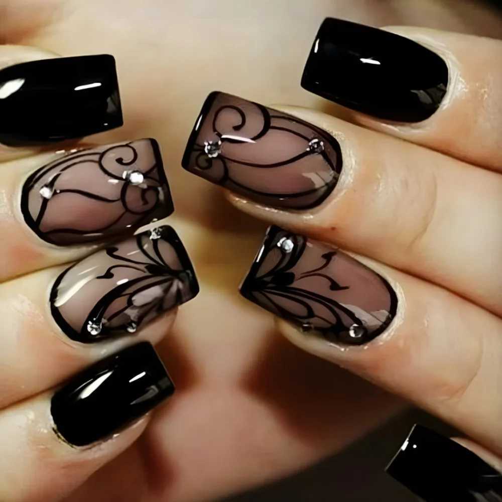 24 pieces/set of French style floral butterfly design fake nails for spring and summer seasons short and safe fake nails on art tips W240905