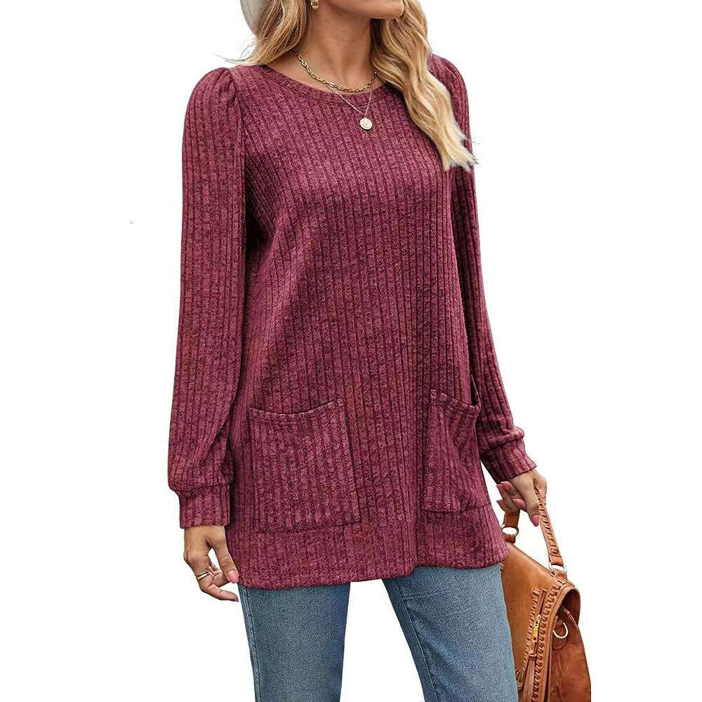 2024 Autumn/Winter New Pocket Top Loose Casual Bubble Sleeve T-shirt for Women
