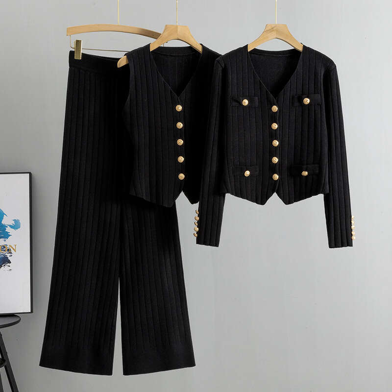 Korean version slim fit small fragrant style wide leg pants sweater three piece for women 2024 Spring and Autumn new vest knitted cardigan set