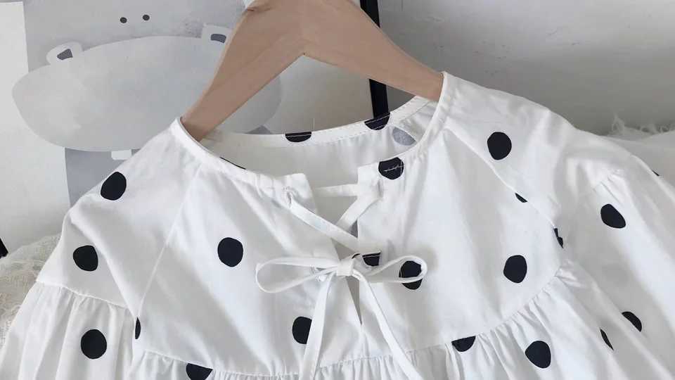 Girls Shirt 2023 Fall New Korean Baby Girl Doll Shirt Long-Sleeved Polka Dot Bubble Sleeve Blouse Y240906