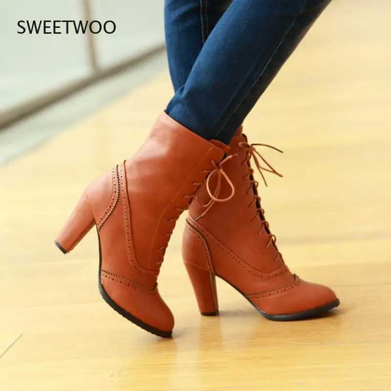 Womens boots sexy lace up boots womens classic leather lace up boots high heels mid length boots square high heels CL240906