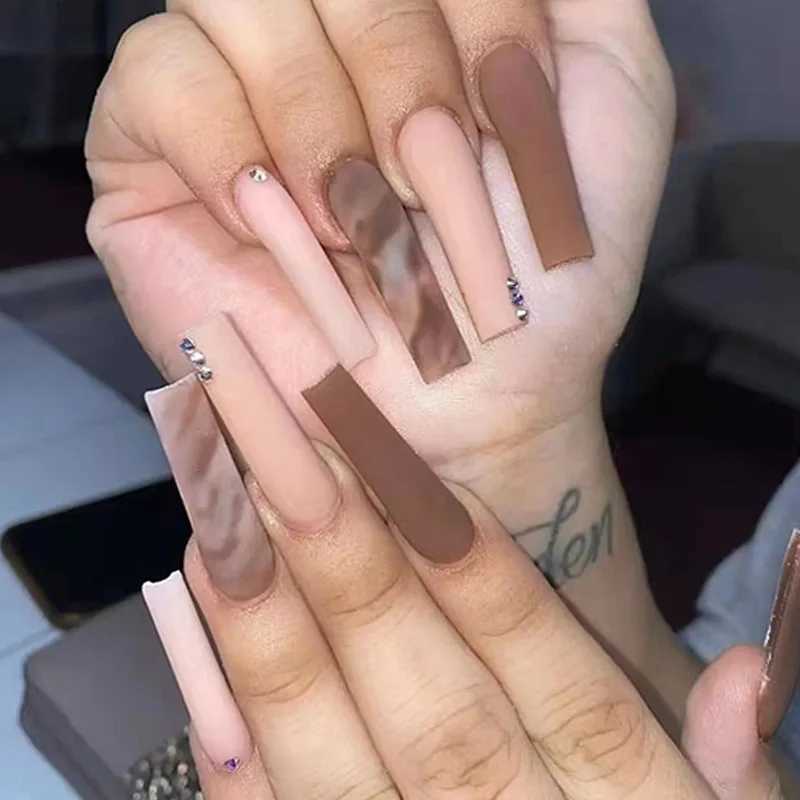 24 pieces of long ballet fake nails simple brown fake nails with diamond design on the nails wearable press complete set of ergonomic tips W240905