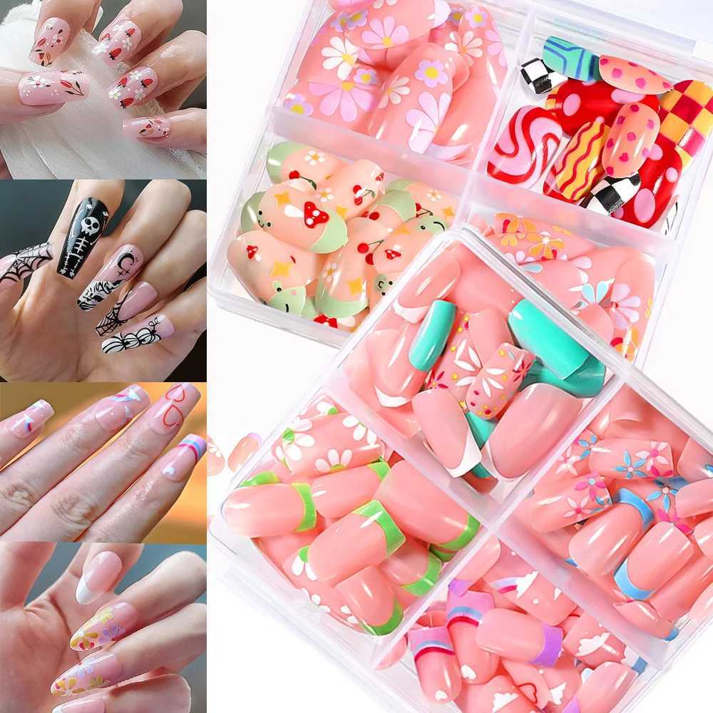 96 Halloween items pressed on almond and coffin blood red nails with skeleton fake nail design and fully covered artificial fake nails W240905