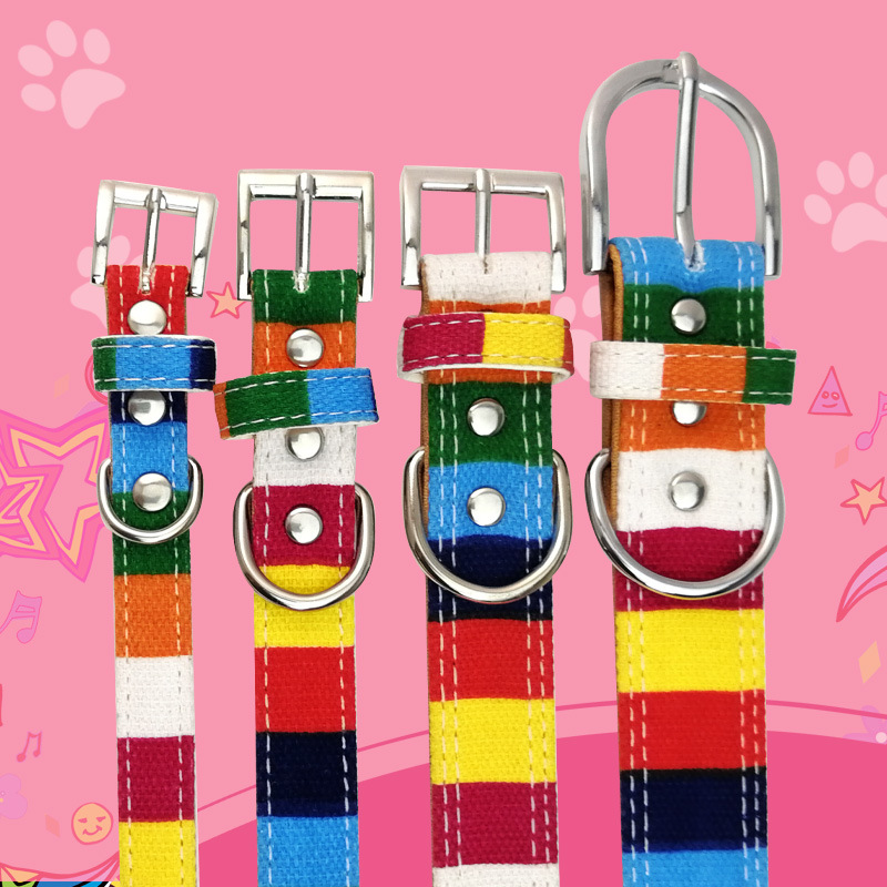 halloween Carefully selected rainbow stripe pet dog collar canvas PU alloy buckle head matching traction rope pet collar