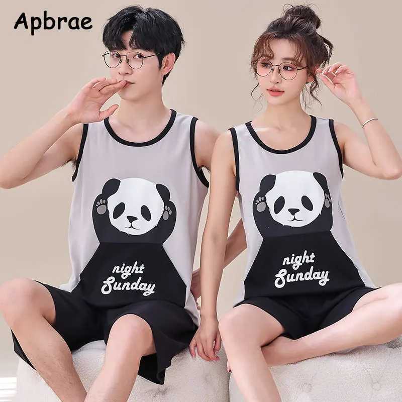 Summer Knitted Cotton Cartoon Panda Print Sleepwear Pajama Sets for Couple Sleeveless Nightwear Young Lovers Pajamas 4XL Pijamas Y240906