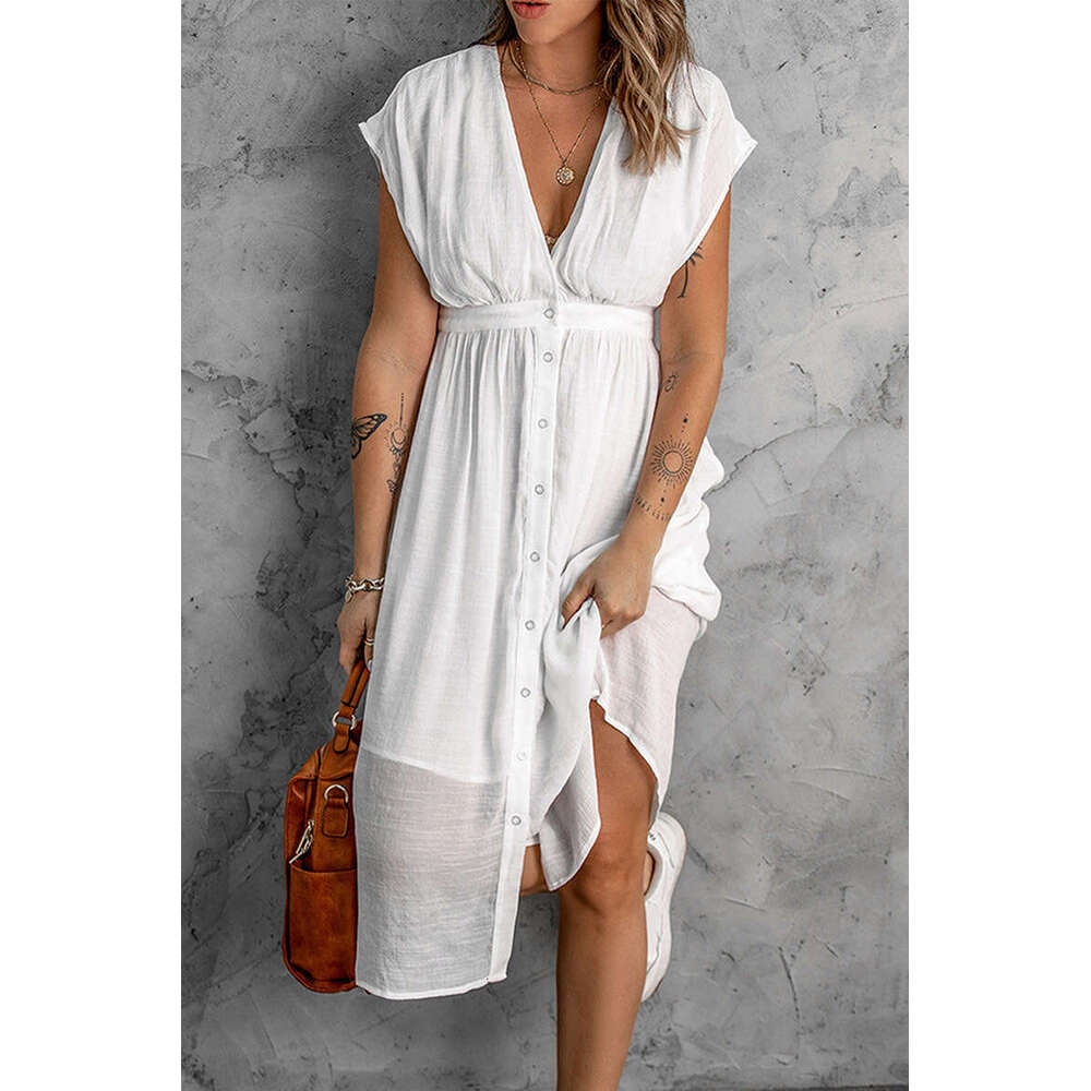 2023 Summer New Double Layer Tulle Solid Color Women's Deep V Short Sleeve Waist Long Dress