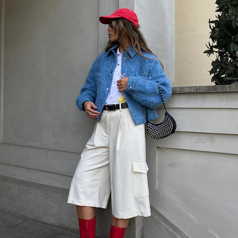 Womens Winter Klein Blue Collar Long Sleeve Wool Jacket Fashion and Universal Small Jacket 240906