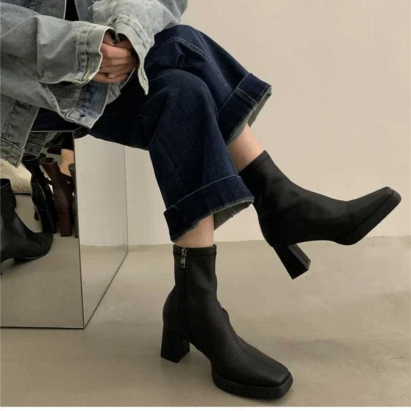 Designer Thick High Heels Womens Thin Ankle Boots Fashion Patent Leather Shoes Autumn Womens Elegant Short Boots CL240906
