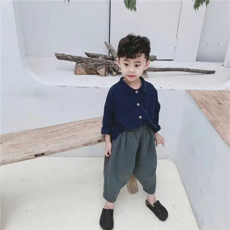 Spring and Autumn Boys Shirt Japanese Style Retro Long Sleeve Polo Collar Cotton Linen Shirt Childrens Baby Top Outer Coat Y240906