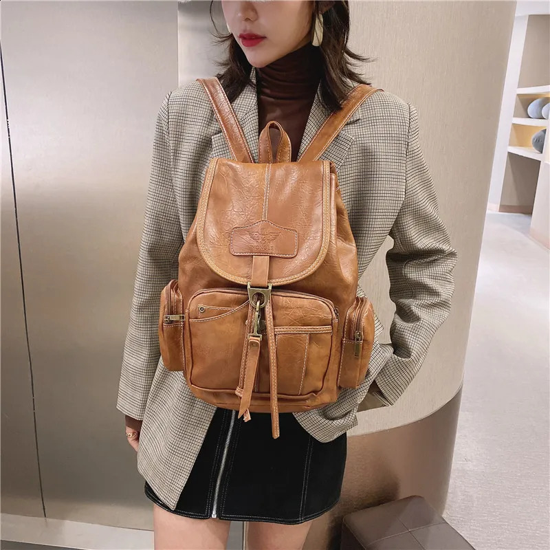 Retro womens backpack highquality leather school bag teenage girls large pull rod black brown Rucksack XA50H 240906