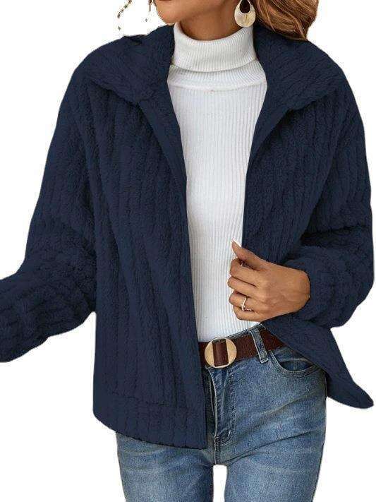 Women's clothing 2024 autumn/winter new pit stripe plush cardigan lapel short jacket