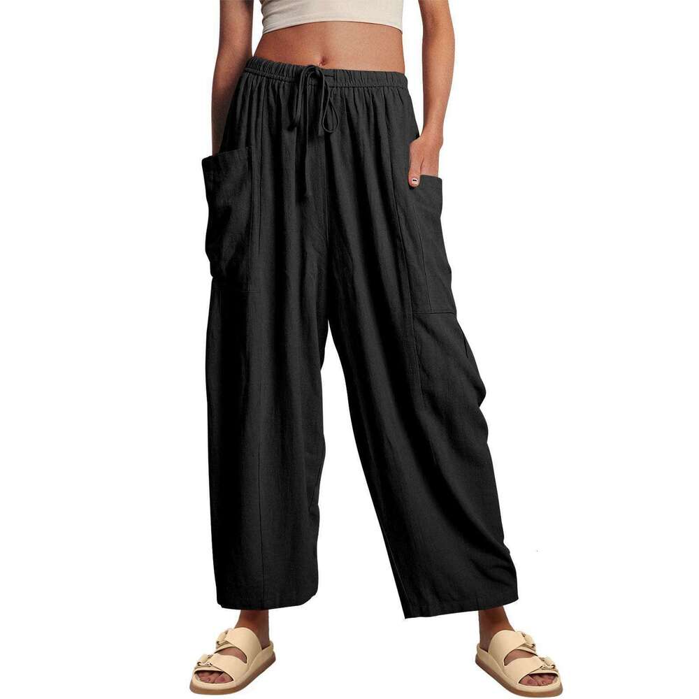 2024 TEMU Women's Elastic Pleated High Waist Wide Leg Loose Casual Cotton Hemp Pants