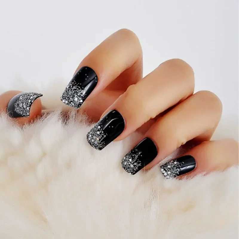 24 pieces/set of female glitter fake nails Super glitter gradient pink black pointed fake penis press fake nail art W240905
