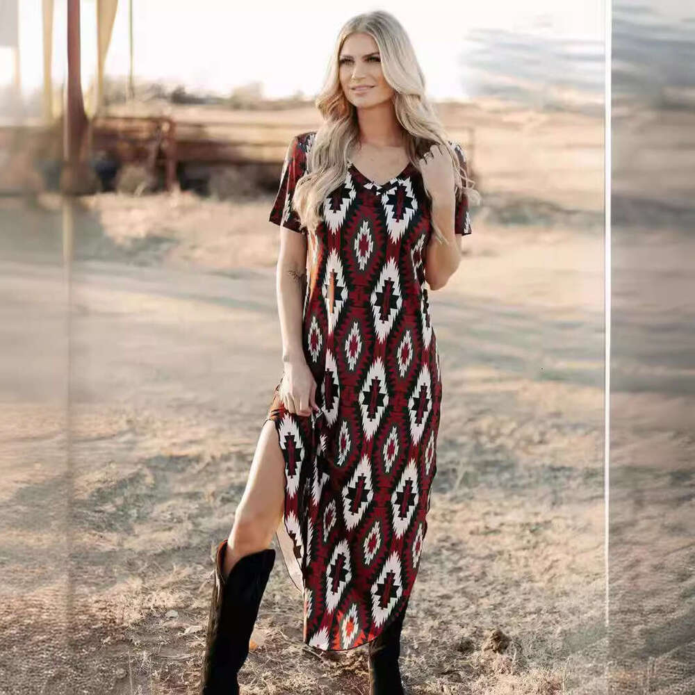 2024 Summer Diamond Step Women's Casual V-neck Hoodie Short Sleeve Home Long Dress