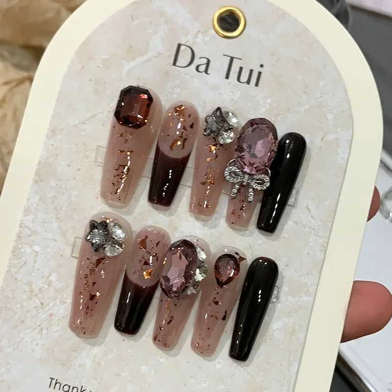 10 handmade fake nails with rose butterfly rhinestone design long ballet fully covered fake nails wearable coffin press W240905