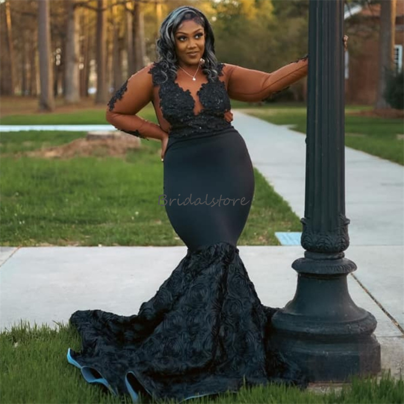 Big Size Black Prom Dresses For Black Girls O Neck Long Sleeve 3d Florals African Evening Dress Nigerian Formal Birthday Party Dress Fishtail Mermaid 